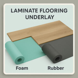 Laminate flooring underlay options with foam and rubber rolls, styled with a premium 3D border on a mint background.