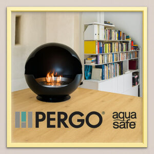 Modern fireplace on Pergo AquaSafe laminate flooring with bookshelf in stylish interior