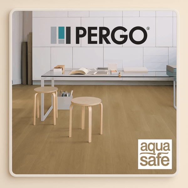 Pergo Dalen laminate flooring with AquaSafe in modern home office, 3D bordered