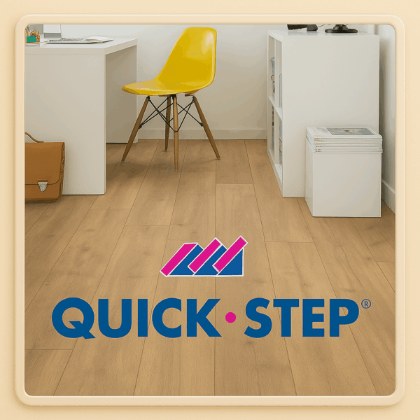 Quick-Step laminate flooring with 3D border effect in a modern home office – durable, stylish, water-resistant flooring