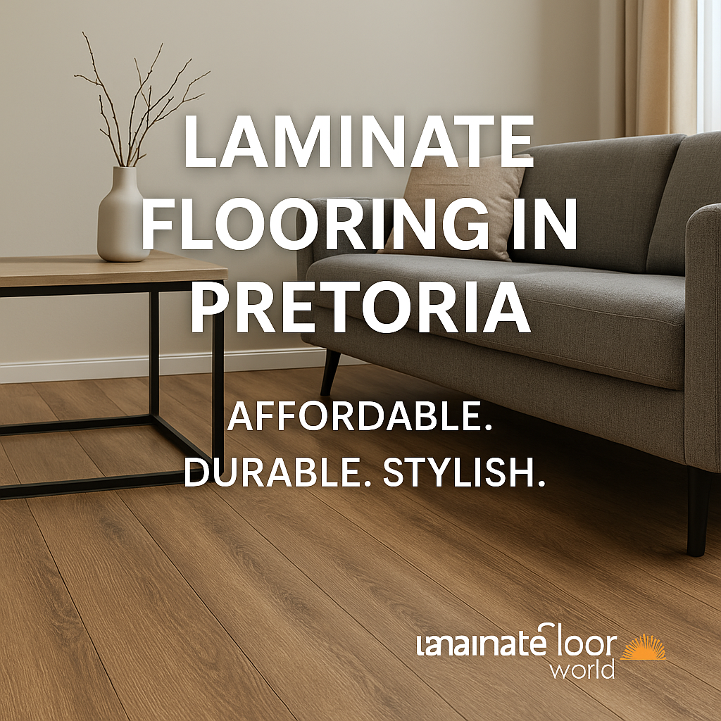 Modern living room with medium brown laminate flooring and text overlay: Laminate Flooring in Pretoria – Affordable. Durable. Stylish