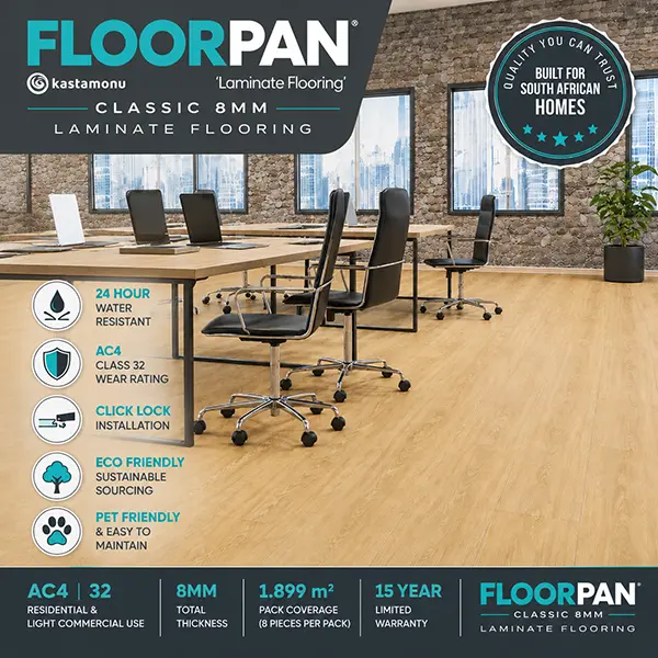 Floorpan Classic 8mm laminate flooring promotional image featuring the original Floorpan branding, 24-hour water resistance, AC4/Class 32 durability and a contemporary light oak floor in a modern office setting.