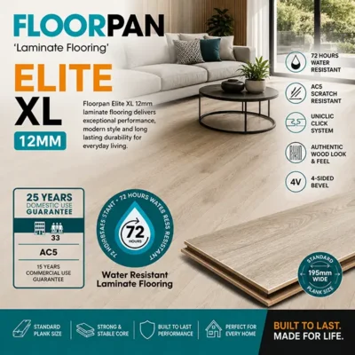 Floorpan Elite XL 12mm AC5 laminate flooring installed in a bright modern bedroom featuring 72-hour water resistance, Unifit® patented click technology and a natural wood-look finish.