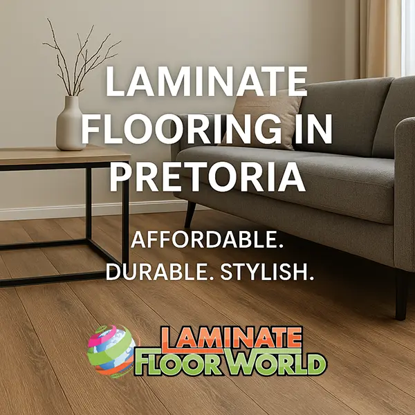 Modern living room with medium brown laminate flooring and text overlay: Laminate Flooring in Pretoria – Affordable. Durable. Stylish