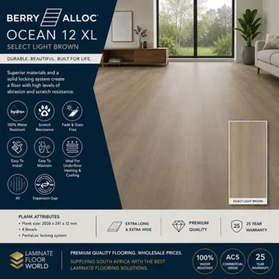 Berry Alloc Ocean 12 XL Select Light Brown 12mm AC5 laminate flooring installed in a modern living room