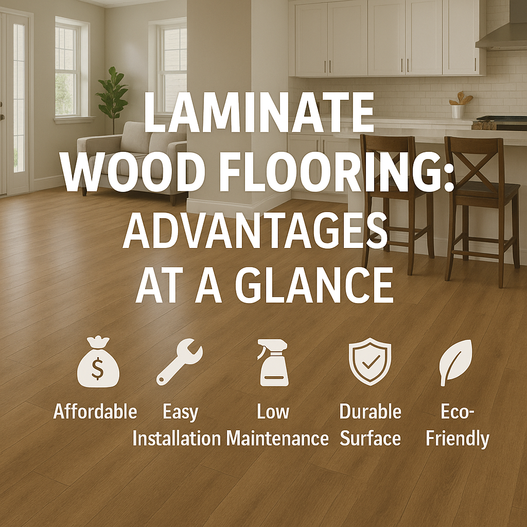 Laminate wood flooring in a modern kitchen and living area with icons showing its key advantages