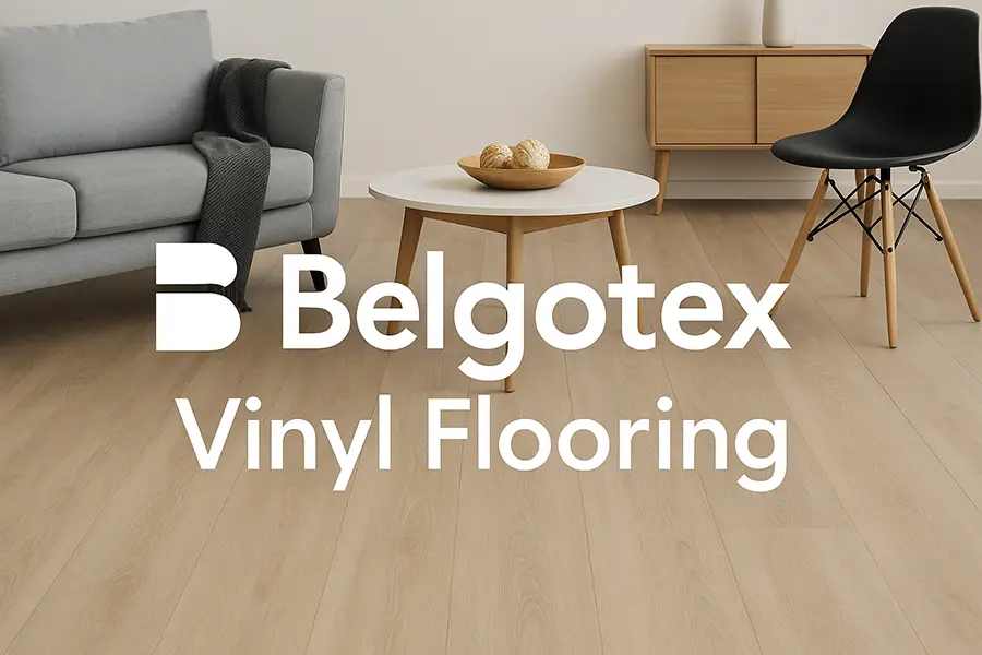 Modern living room with light oak Belgotex vinyl flooring, showcasing the Belgotex logo and text “Vinyl Flooring” in bold white font.