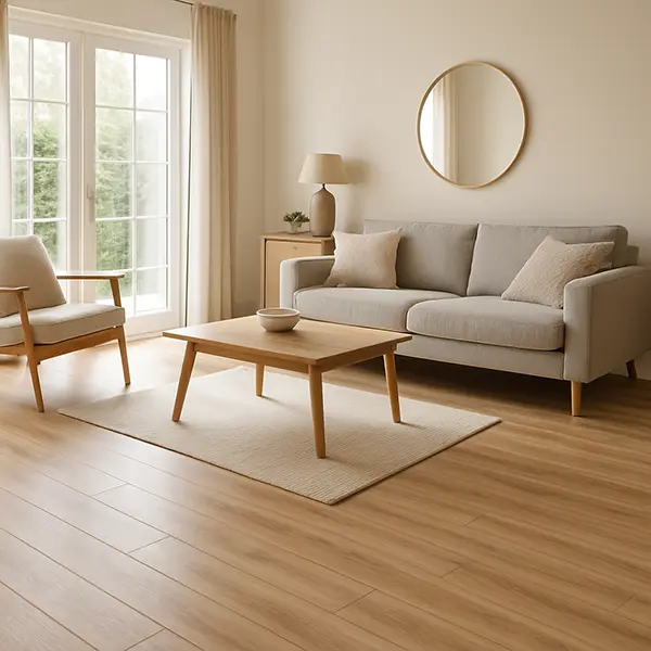 Bright living room with light oak laminate flooring, modern grey sofa, and natural wooden furniture, filled with natural light.