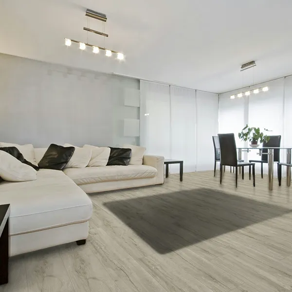 Living and dining room with DeZign 540 Beige Blush vinyl flooring – light oak finish in a modern interior