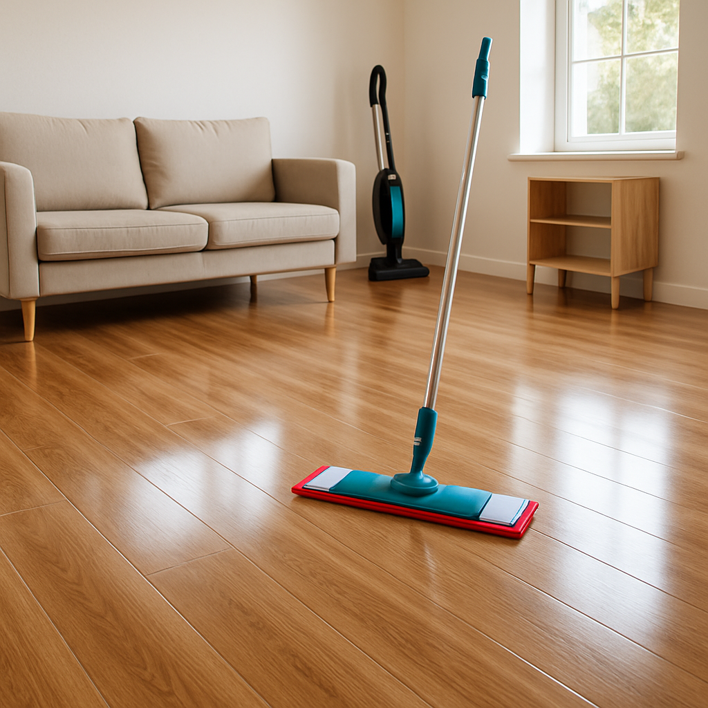 Clean laminate flooring in a modern living room with a red mop and vacuum cleaner in the background
