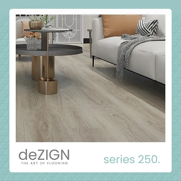 Living room interior featuring Dezign 250 vinyl flooring by Azura in a light oak finish with modern furniture