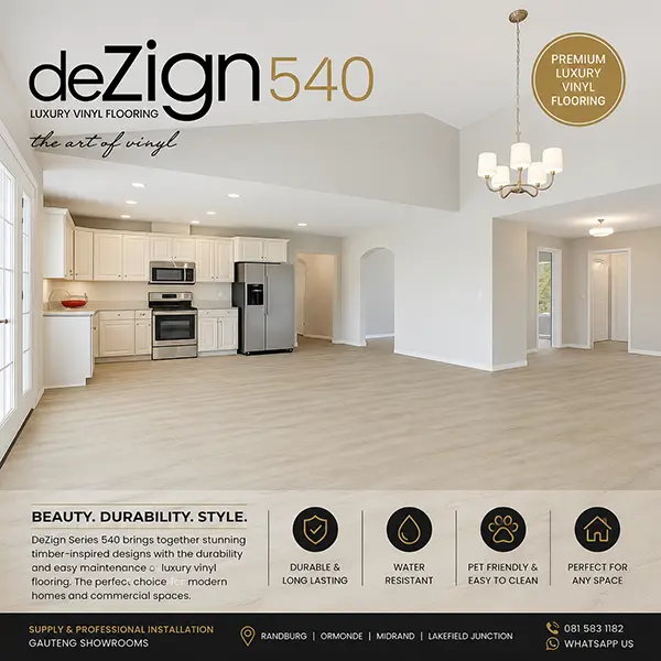 DeZign Series 540 luxury vinyl flooring featured image showcasing a modern open-plan home with realistic timber-inspired vinyl flooring