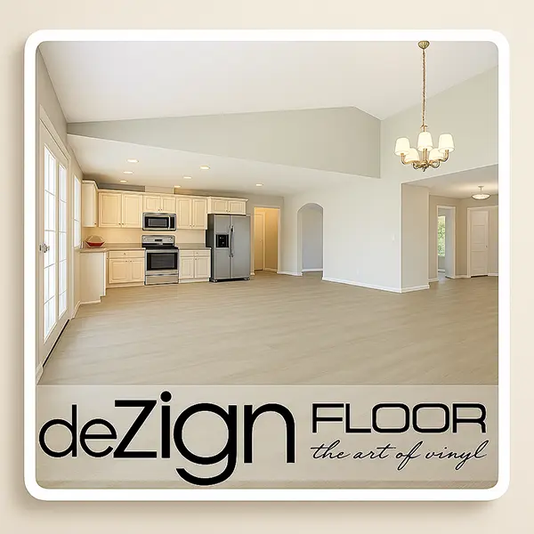 Modern open-plan kitchen and living area featuring DeZign 540 vinyl flooring in a light oak finish with DeZign Floor logo overlay