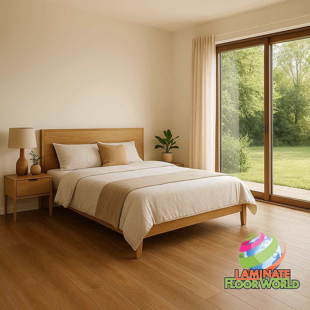 Modern bedroom with natural light and wooden laminate flooring, featuring the Laminate Floor World logo.