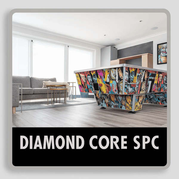 Modern living room with Diamond Core SPC vinyl flooring and vibrant pop art pool table.