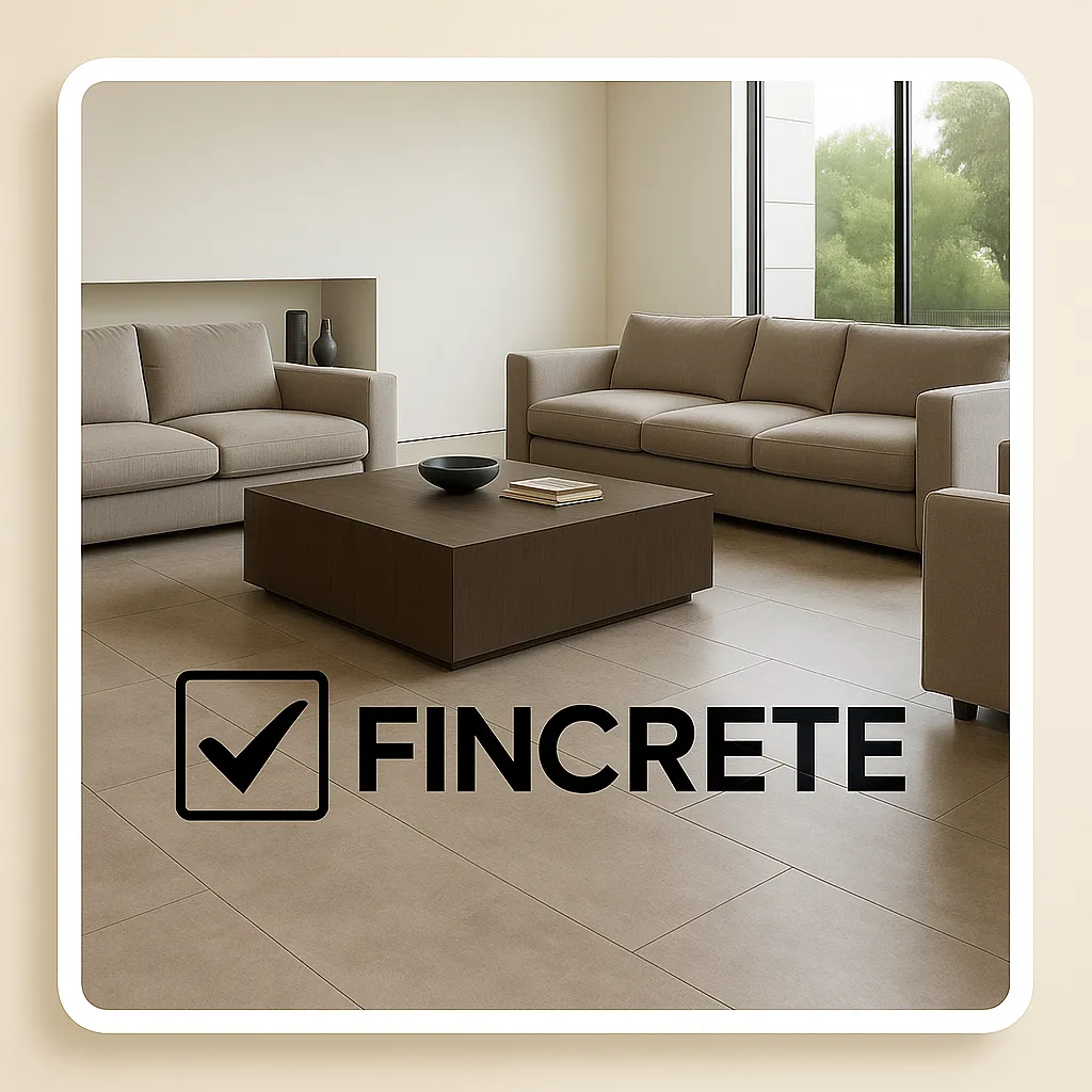 Fincrete vinyl flooring installed in a modern minimalist living room with grey sofas and concrete-look tiles
