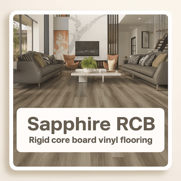 Sapphire RCB rigid core board vinyl flooring installed in a modern living room with grey sofas and marble fireplace