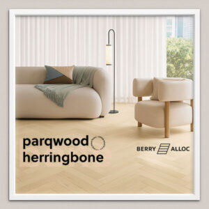 Berry Alloc Parqwood Herringbone Nude flooring in luxury interior with branding overlay