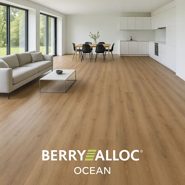 Berry Alloc Ocean 8mm laminate flooring in a spacious open-plan lounge, kitchen, and dining room with minimal furniture.