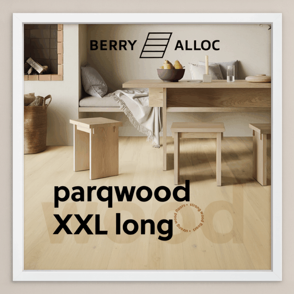 Berry Alloc Parqwood XXL Long engineered wood flooring in Scandinavian dining space with modern frame border