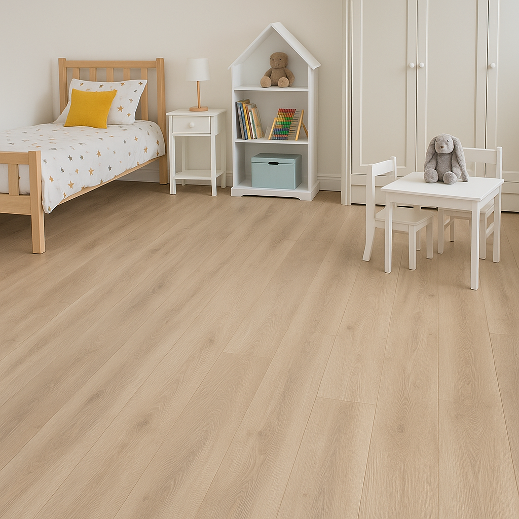 Budget laminate flooring fitted in a classy kids bedroom with modern furniture and warm wooden finish