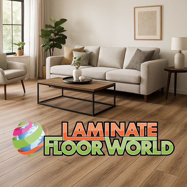 A modern living room featuring light-colored laminate flooring that extends throughout the space, complemented by a neutral-toned sofa and contemporary furniture, creating a bright and airy ambiance.