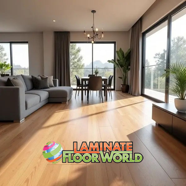 Modern South African living room with beautiful wood-look laminate flooring, grey sofa, dining area and large windows showing natural light