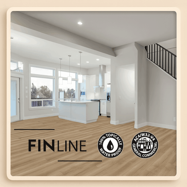 Finline Marico laminate flooring installed in a modern open-plan kitchen and living space