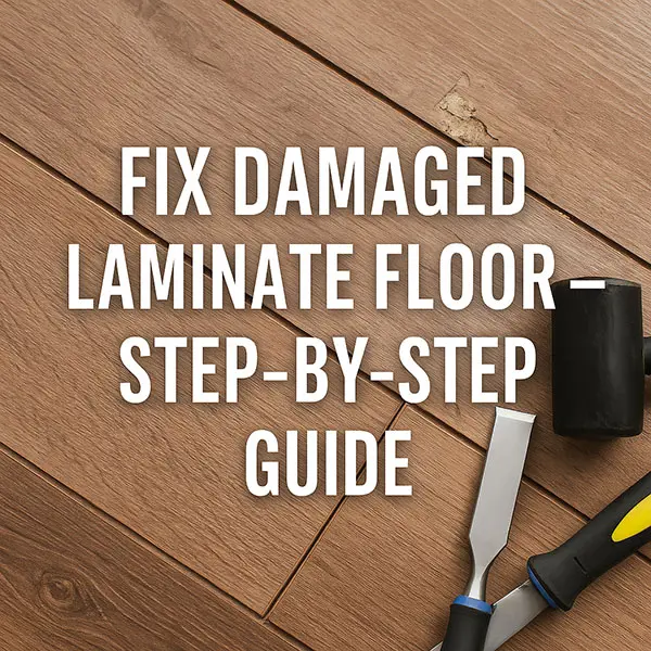 Close-up of damaged laminate flooring with repair tools and bold overlaid text reading “Fix Damaged Laminate Floor – Step-by-Step Guide.”