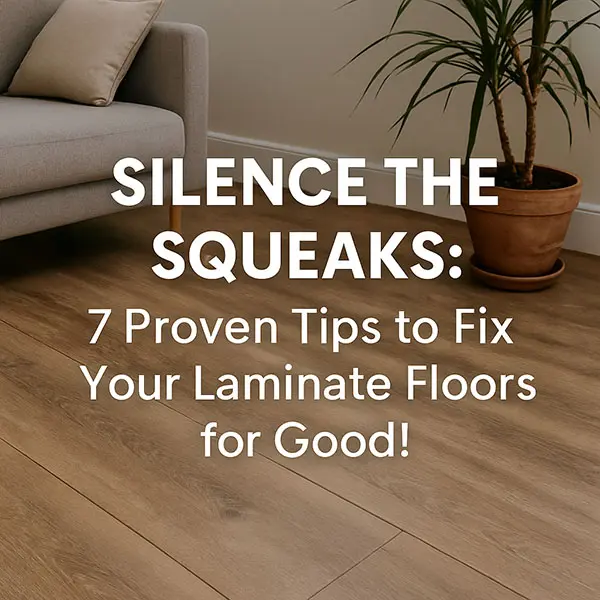 A modern living room with laminate flooring and overlaid text reading “Fix Squeaky Laminate Floors – 7 Proven Tips.”