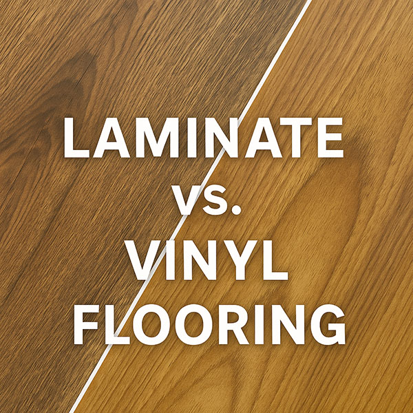 Side-by-side comparison of laminate and vinyl flooring with bold white text overlay "Laminate vs. Vinyl Flooring".