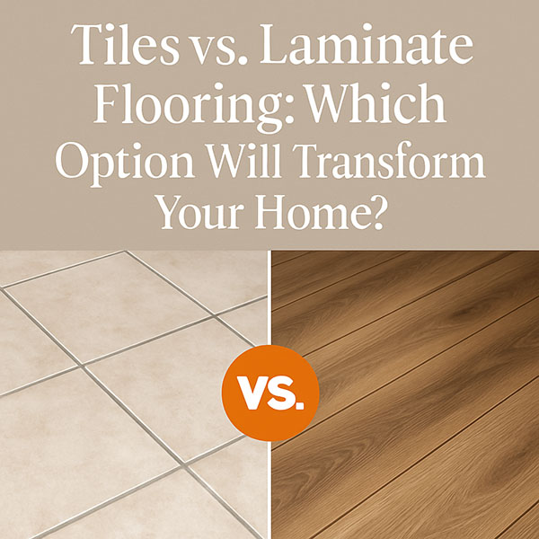 A split comparison graphic with bold text “Tiles vs. Laminate Flooring: Which Option Will Transform Your Home?” highlighting two flooring styles.