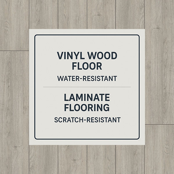 Minimal infographic comparing vinyl wood floor and laminate flooring highlighting water resistance and scratch resistance