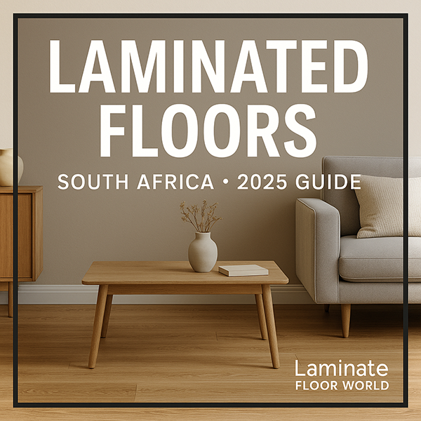 Laminated floors in a modern South African living room with oak finish and Laminate Floor World branding