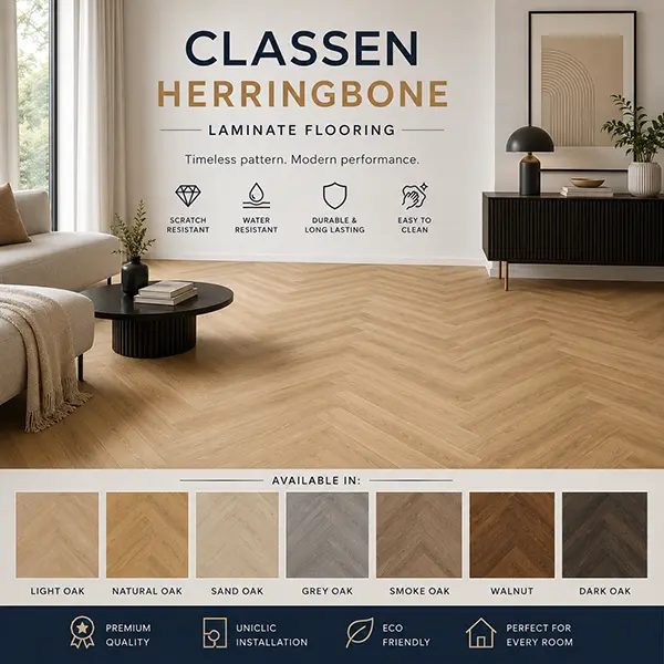 Classen Herringbone laminate flooring range featuring premium oak décors in a modern herringbone pattern, available from Laminate Floor World.