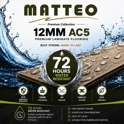 Matteo 12mm AC5 laminate flooring in a modern living room featuring a 72-hour water-resistant wood-look floor with a natural oak finish.