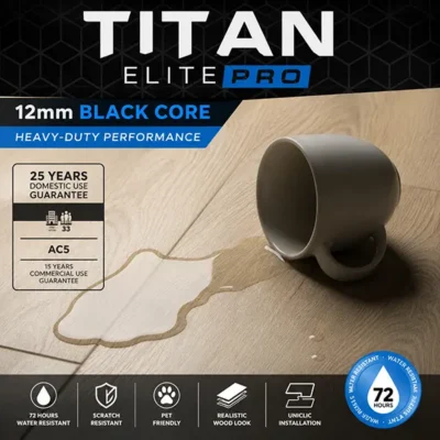 Titan Elite Pro 12mm AC5 laminate flooring featured image with 72-hour water resistance and black core technology