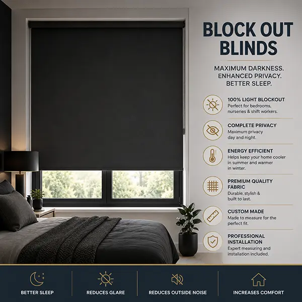 Blockout Roller Blinds installed in a modern bedroom providing maximum light control and enhanced privacy